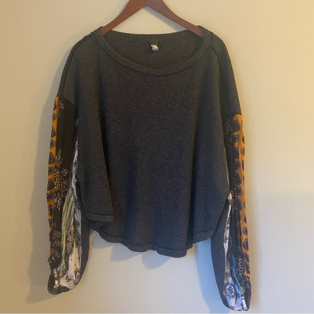 Free People Dark Gray boho Top with Vibrant Yellow Sleeves